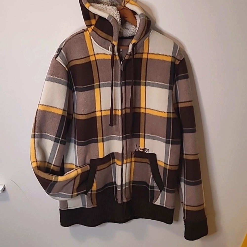 Vintage KIRRA Men's fleece zipup hooded jacket, Flannel Look Fleece, Size Large